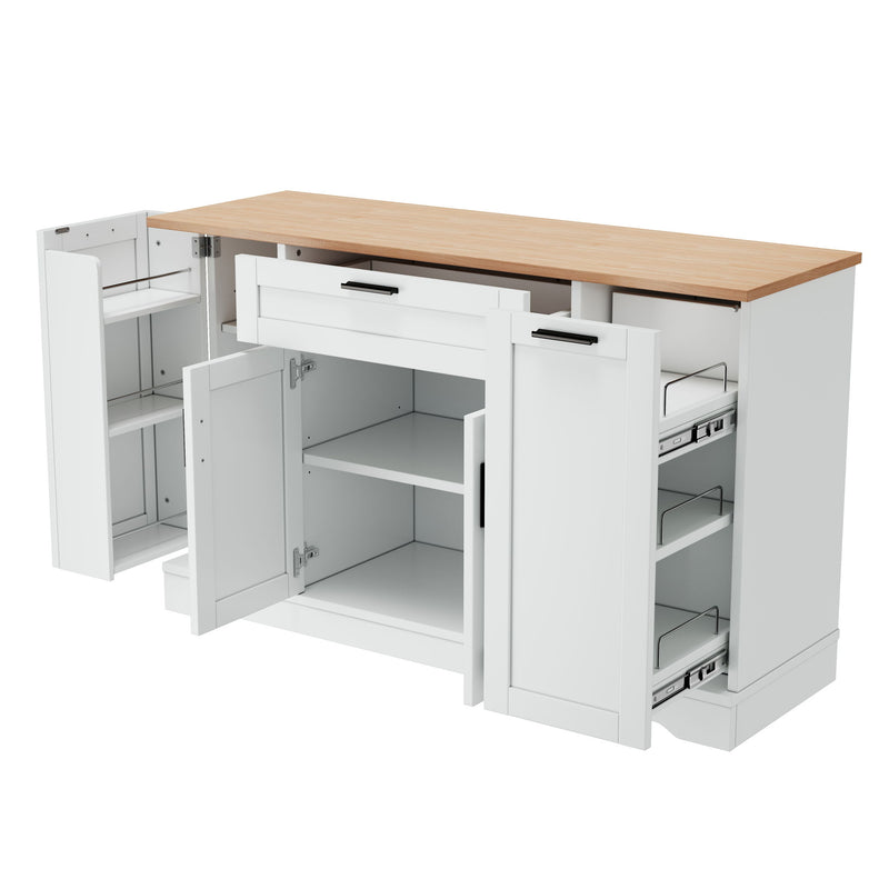 Sideboard With Extendable Table, Adjustable Shelves, 3 Tier Pull Out Rack - White