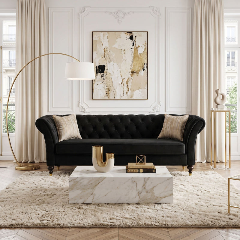 3 Seater Button Tufted Sofa With Rolled Arms, Living Room Couch With 2 Pillows - Black