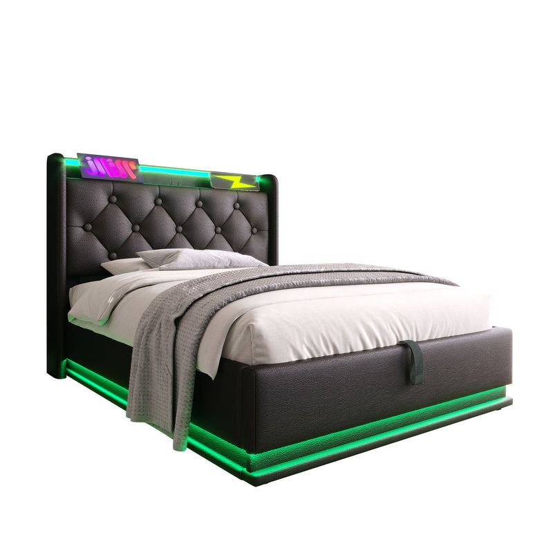 Upholstered Bed, 360 Surround LED Function, Remote Control, Hydraulic Storage Bed With USB, Type-C Charging (Without Mattress)