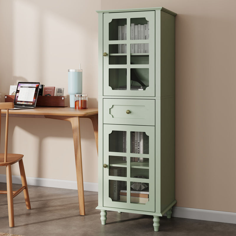Storage Cabinet, Freestanding Curio Cabinet With Grid Doors & Drawer, Pantry Display Cabinet For Kitchen