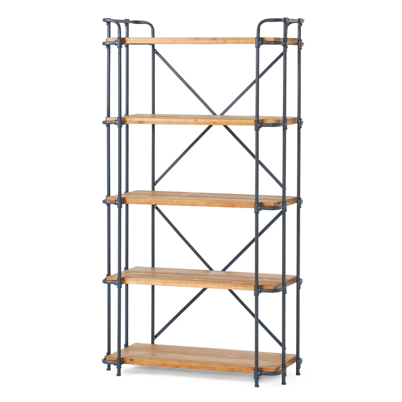 Yorktown - Industrial 5 Shelf Bookcase With Metal Pipework And Solid Fir - Natural