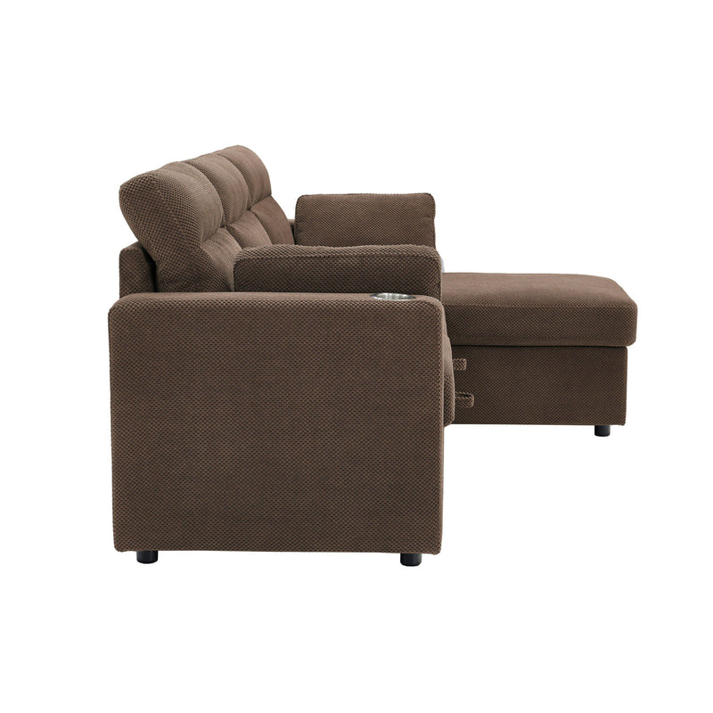 Convertible Sectional Sofa With Storage Chaise, Cup Holders And Pull Out Sleeper
