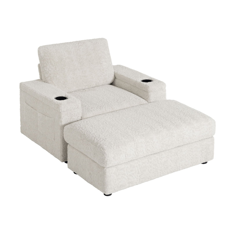 Oversized Chaise Lounge Indoor Rabbit Fur Sofa Bed With Storage Ottoman And Armrests Cup Holders With Deep Seat