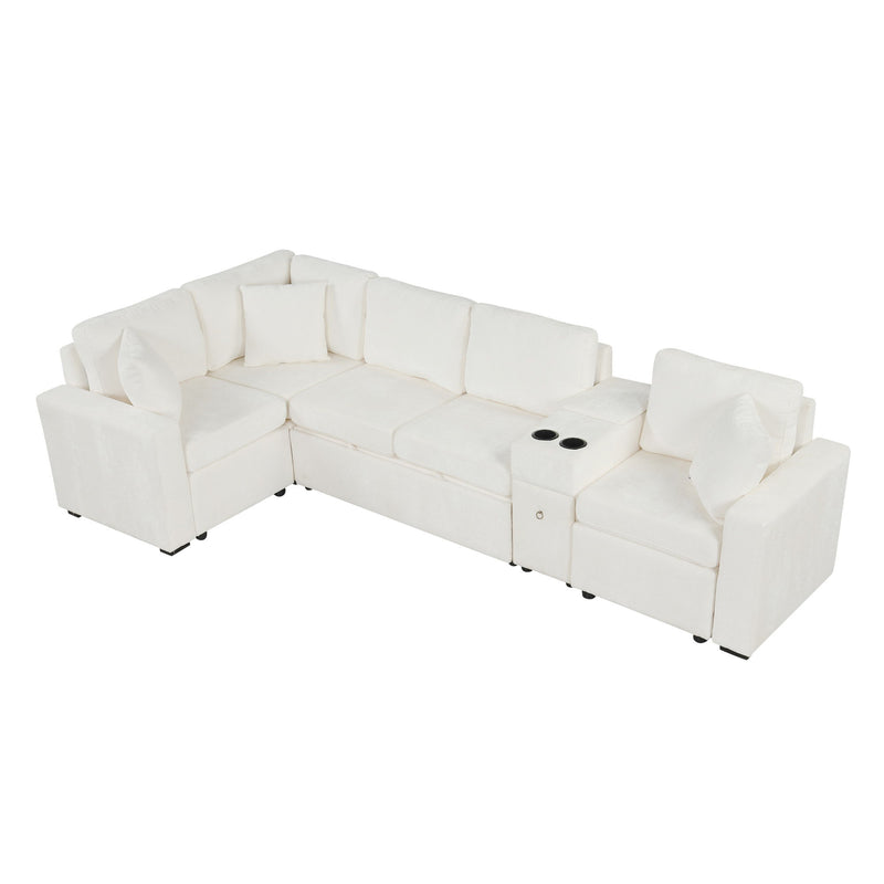 Modular L-Shaped Sectional Sofa Bed With Pull-Out Sleeper, Cup Holders, And Storage