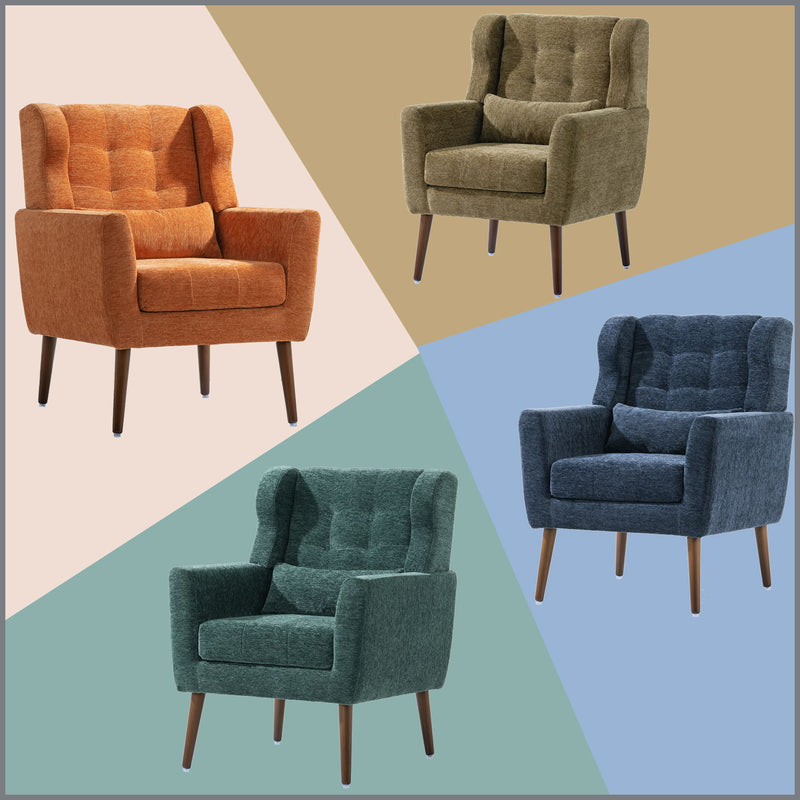 Modern Accent Chair, Arm Chairs For Living Room, Upholstered Mordern Armchair, Comfy Soft Padded Lounge Chair In Small Space, Bedroom, With Pillow, Solid Wood Leg