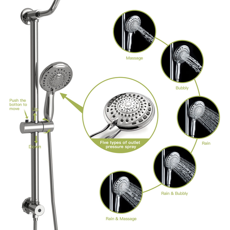 Shower System With 5 Function Rain Hand Shower And Slide Bar Combo