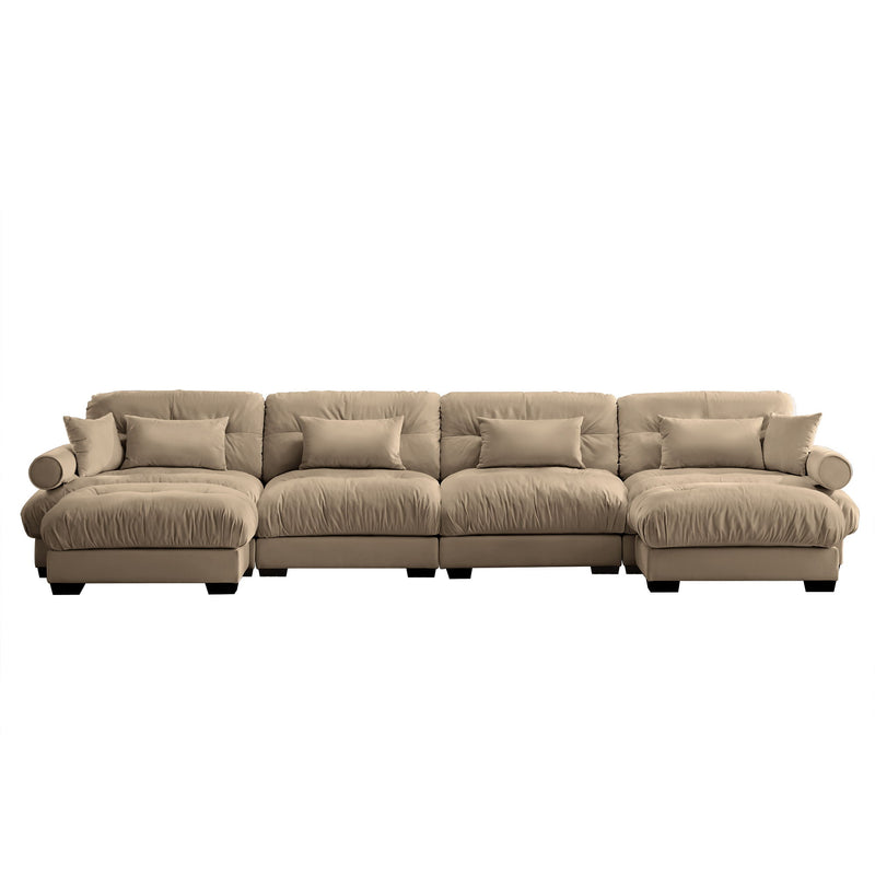 Modern Sectional Sofa With Ottoman, Round Bolster Armrests, Waist And Throw Pillows
