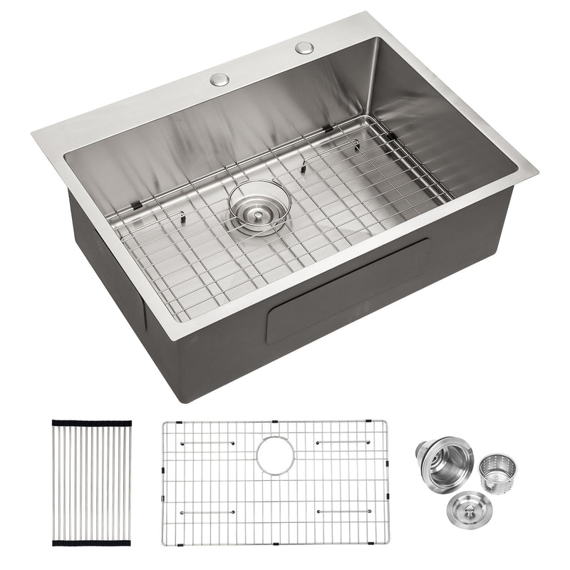 Drop In Kitchen Sink, 16 Gauge Stainless Steel, Single Bowl, Topmount Basin