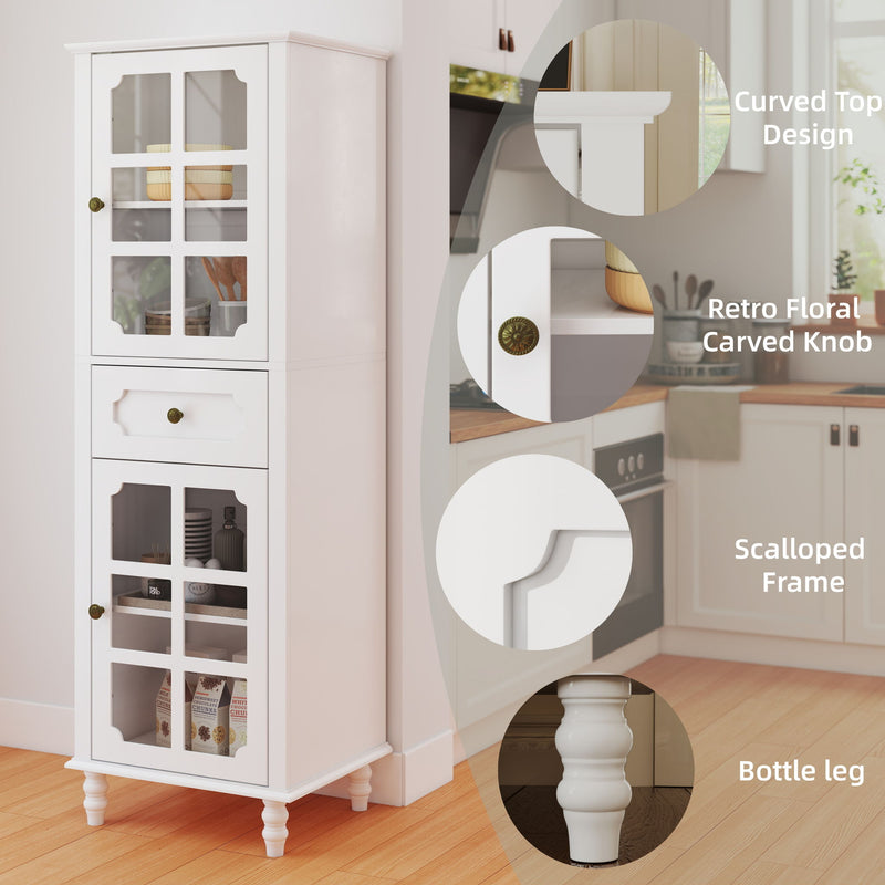 Storage Cabinet, Freestanding Curio Cabinet With Grid Doors & Drawer, Pantry Display Cabinet For Kitchen