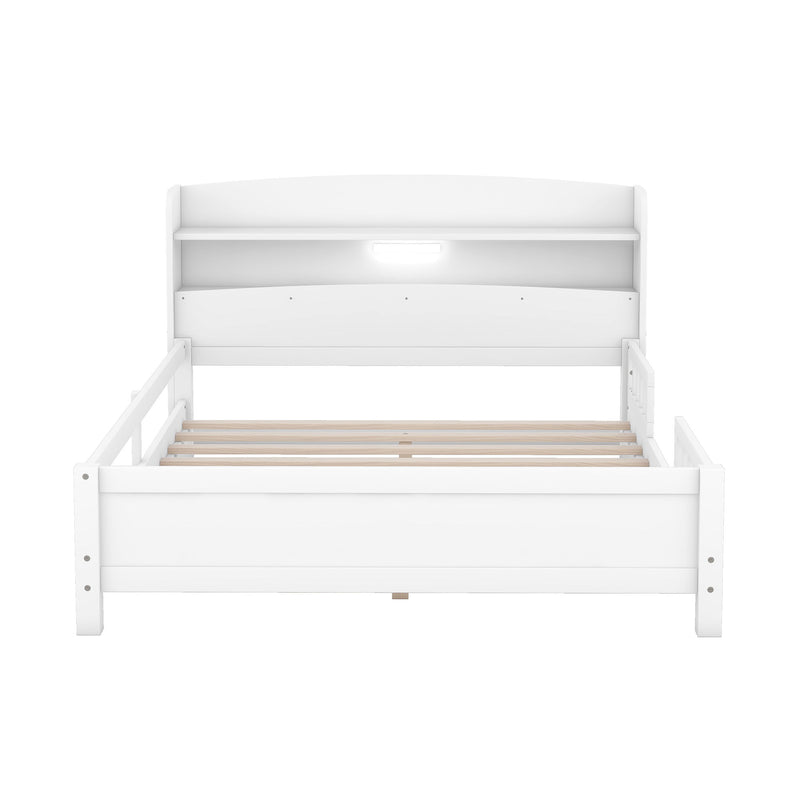 Wood Platform Bed With Built In LED Light, Storage Headboard And Guardrail