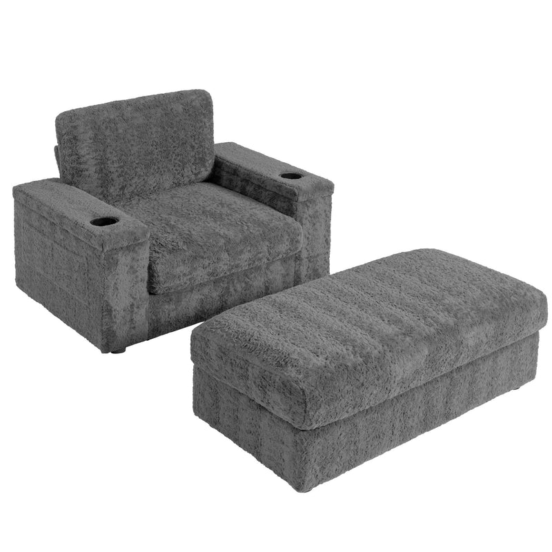 Oversized Chaise Lounge Indoor Rabbit Fur Sofa Bed With Storage Ottoman And Armrests Cup Holders With Deep Seat