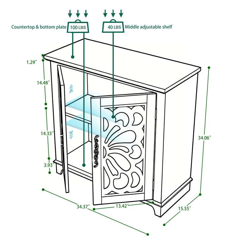 Elegant Sideboard With 2 Acrylic Mirrored Doors, Adjustable Shelf Storage