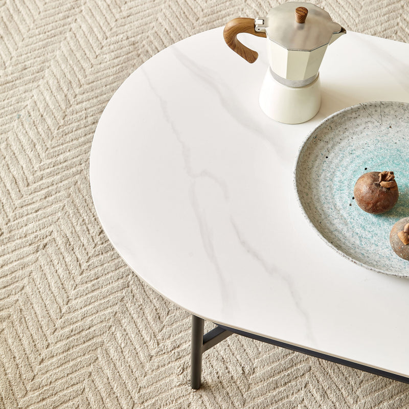 Contemporary Coffee Table Sintered Stone Surface With Ceramic Finish Double Layer Design Base Matte Shelf Modern Living Room Center Table - White / Gray
