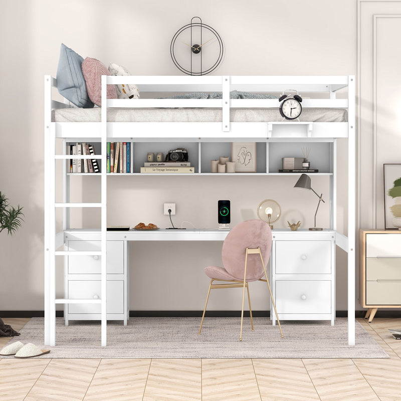Full Size Loft Bed With Desk, Cabinets, Drawers, Charging Station And Bedside Tray, Sturdy Frame, No Box Spring Required - White