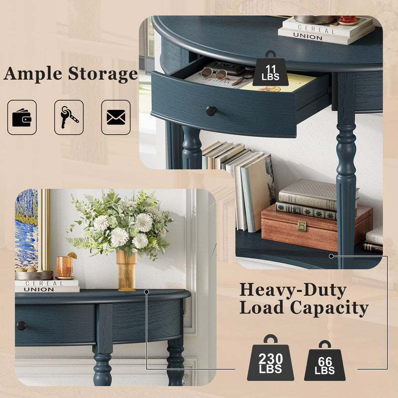 Half Moon Console Table With Drawer & Shelf