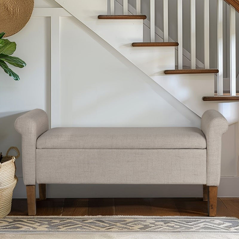 Upholstered Storage Bench With Rolled Armrests - Beige