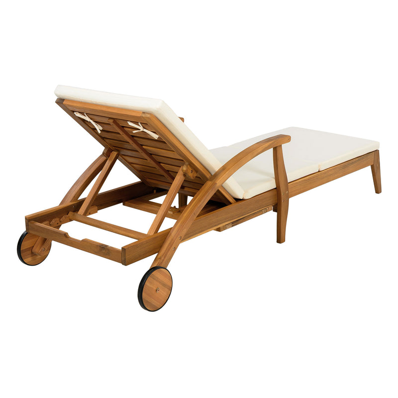 Versatile Chaise Lounge With Wheels Acacia Wood Recliner For Patio - Cream