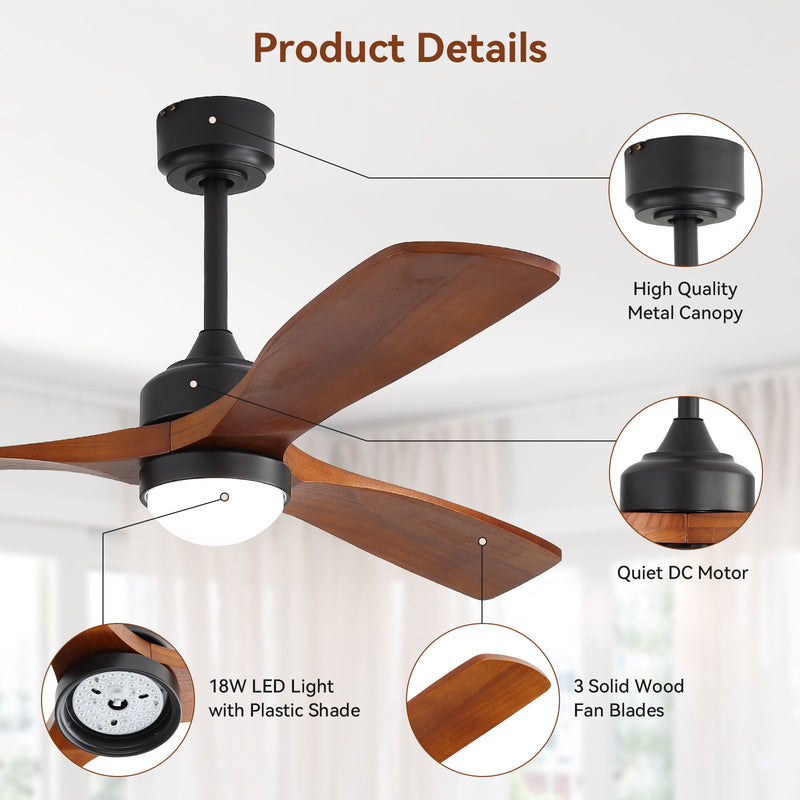 52" Ceiling Fan With Dimmable LED Light, 6 Speed DC Motor, 3 Blades