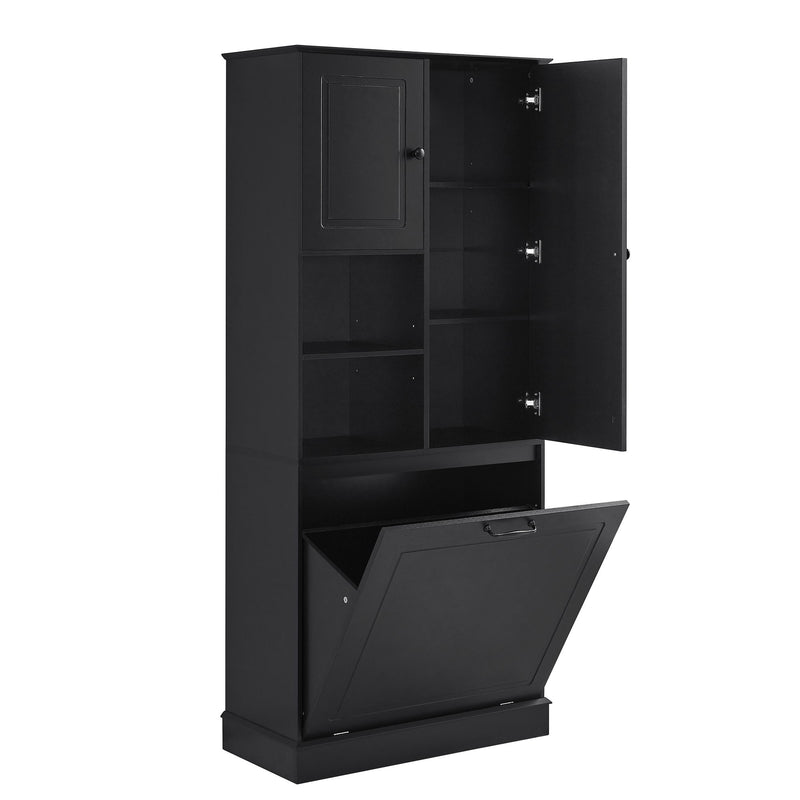 Modern Tall Storage Cabinet With Adjustable Shelves, Flip-Out Basket & Enclosed Doors