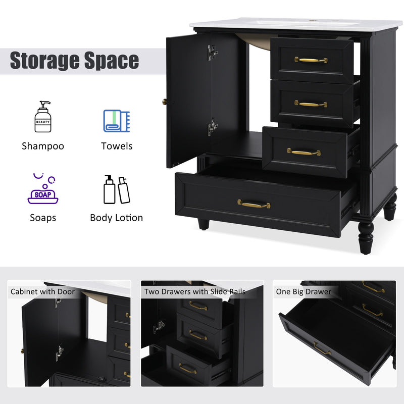 30" Bathroom Vanity With Sink, 3 Drawers, Adjustable Feet