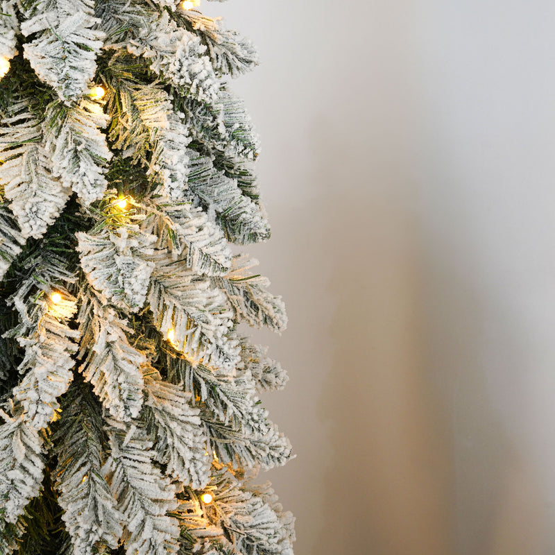Slim Snow Flocked Pre Lit Pencil Christmas Tree, 3.9Ft / 5.9Ft / 7.9Ft With 750 Branch Tips, 480 LED Lights, Warm Glow, For Indoor Holiday Decor - White
