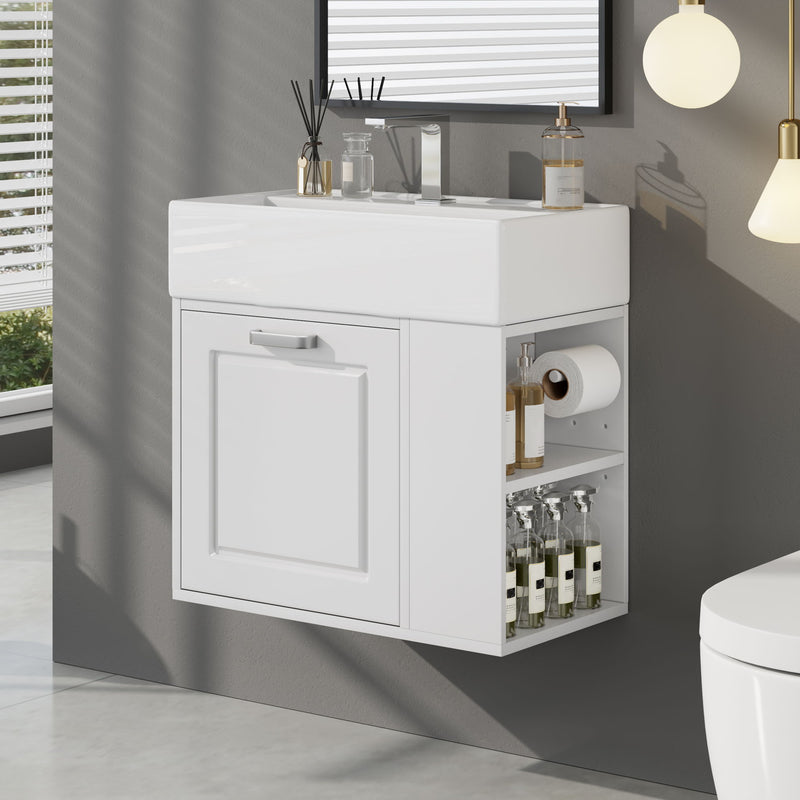 Modern Wall Mounted Bathroom Vanity With Sink, Soft Close Drawer, Adjustable Shelf, Toilet Paper Holder