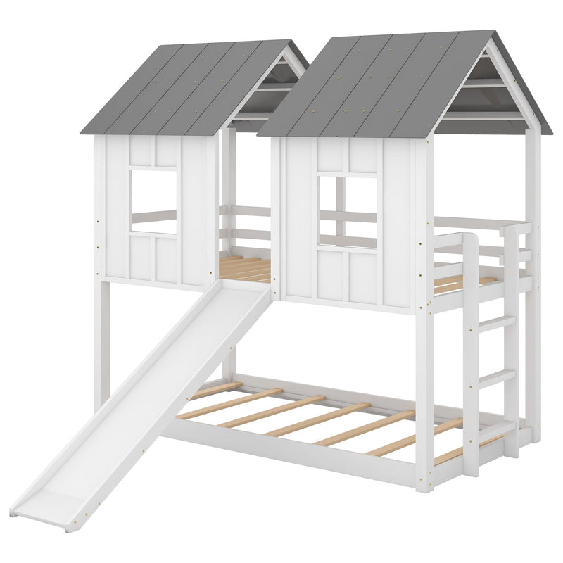 Twin Over Twin House Bunk Bed & Slide And Windows - White
