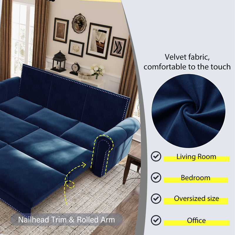 3 In 1 Convertible Sleeper Sofa With Nailhead Trim & Rolled Arm