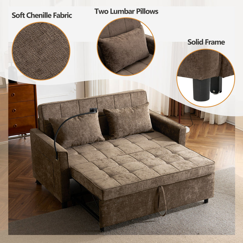 Pull-Out Sleeper Sofa With Reversible Backrest Cushion, Side Pockets, 2 USB Ports And A Phone Holder For Living Room