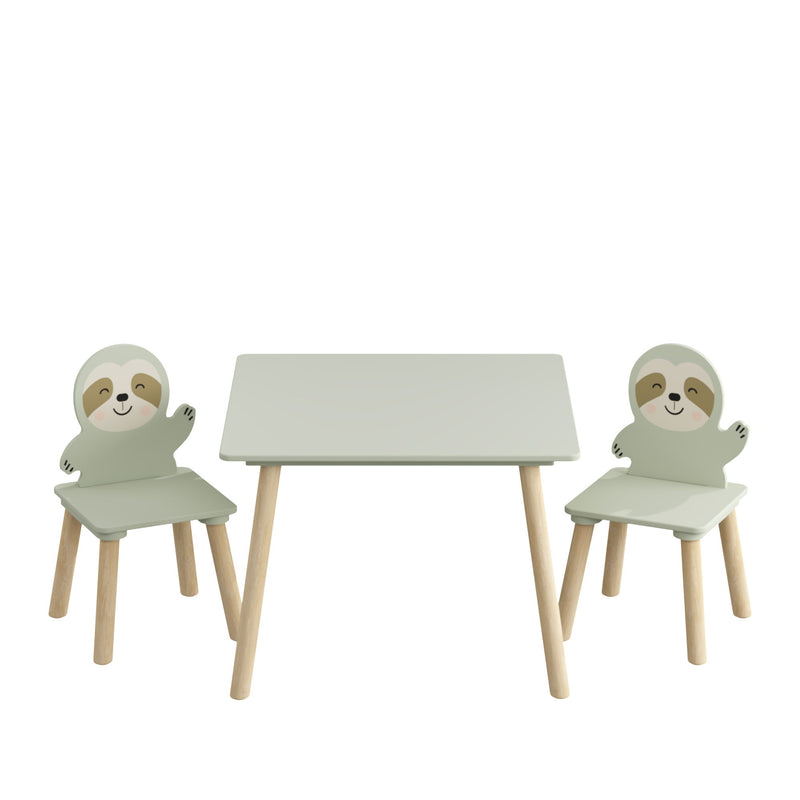 Sloth Themed Table And Chair Set With 2 Cute Animal Chairs - Natural Wood / Sage Green