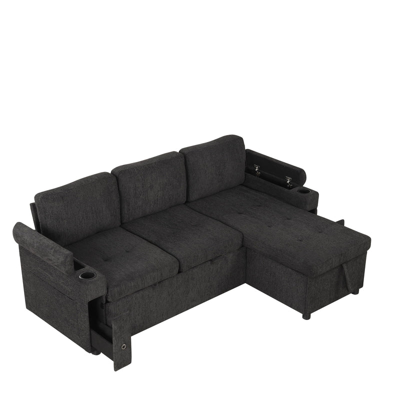 Convertible L Shaped Sofa Couch With Storage, Cup Holders, USB Ports