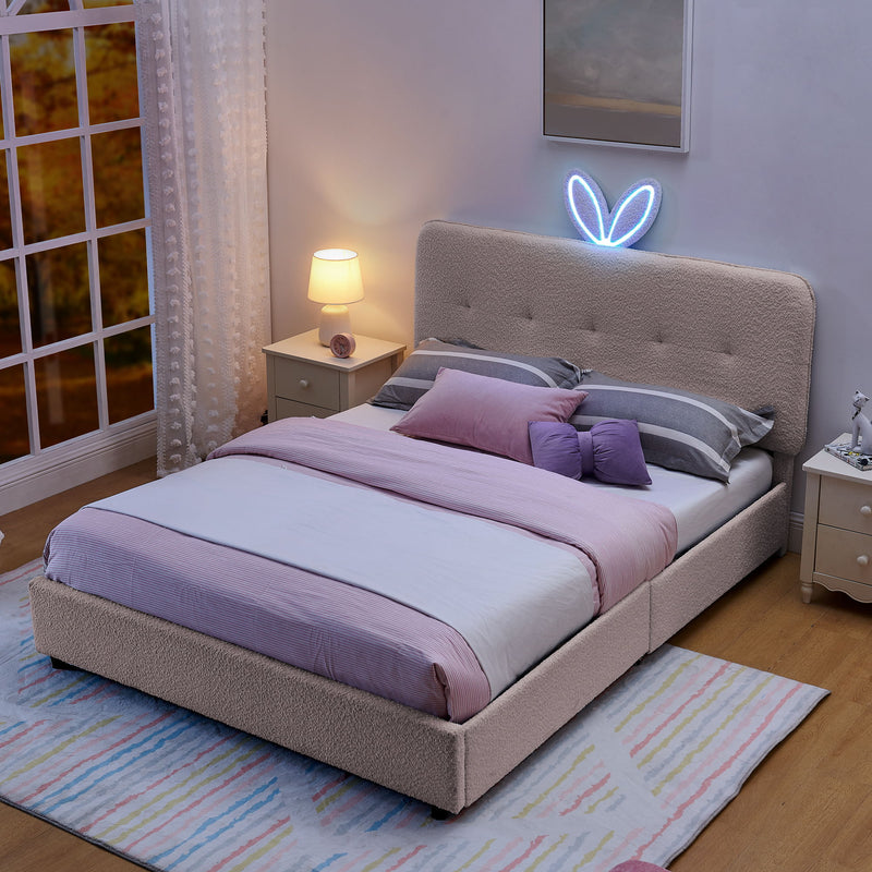 Upholstered Bed With Oversized Rabbit Ear Headboard, LED Lights & 4 Storage Drawers