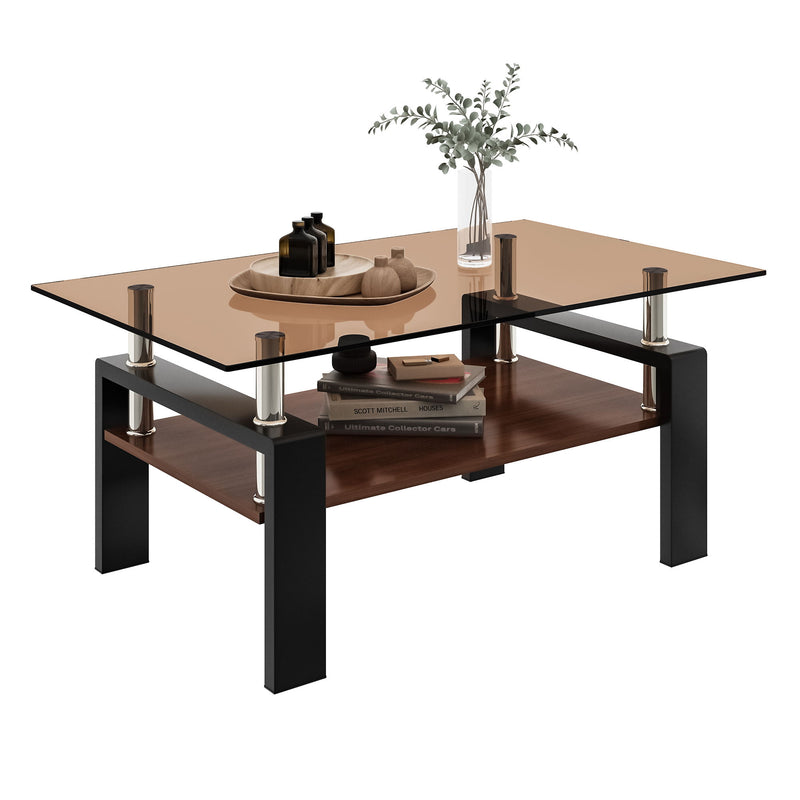 Modern Rectangular Coffee Table With Tempered Glass Top