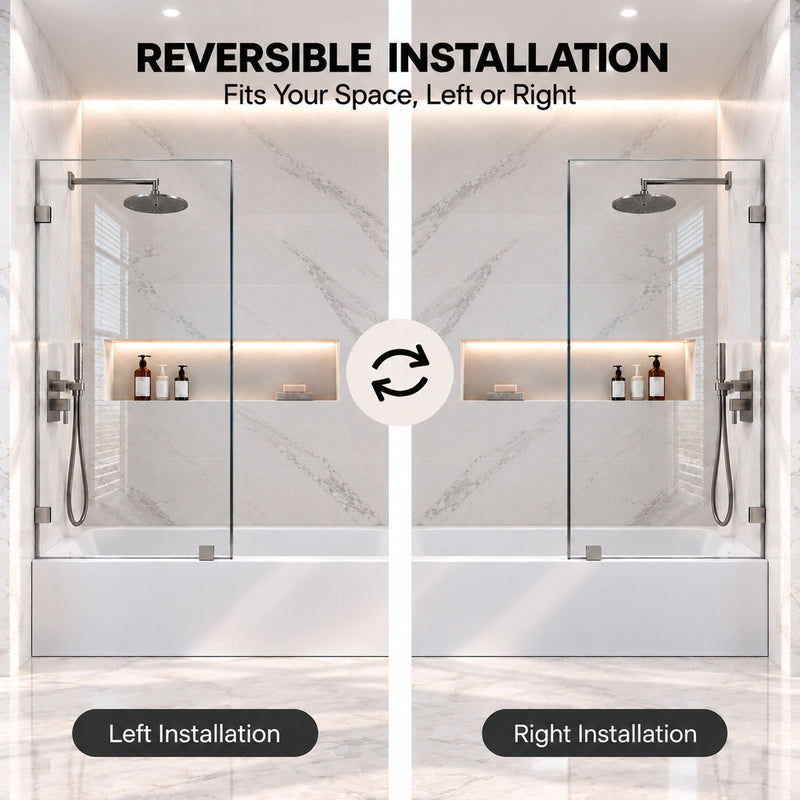 Frameless Bathtub Shower Screen, Reversible Installation