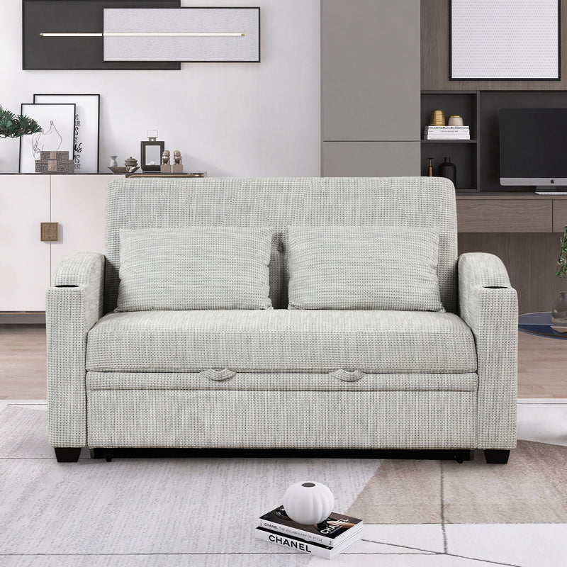 Pull Out Loveseat Sofa With Adjsutable Backrest, 2 Pillows, Cup Holders, USB Ports For Living Room