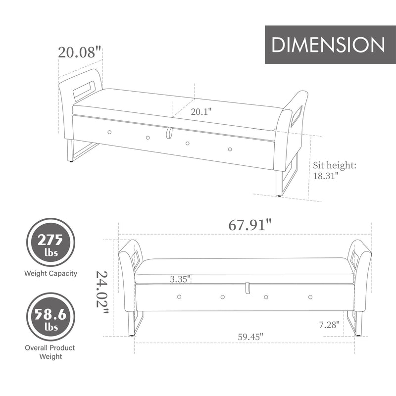 Wide Storage Soft Ottoman Bench With Armrests