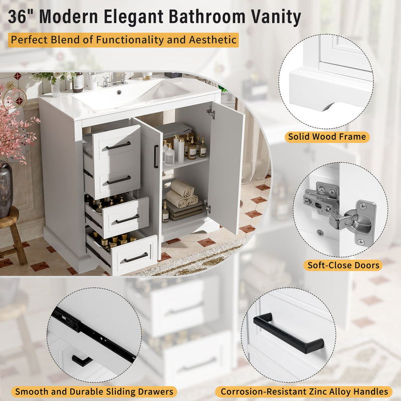 Bathroom Vanity With Sink, Soft Close Doors, Adjustable Shelf & 3 Drawers