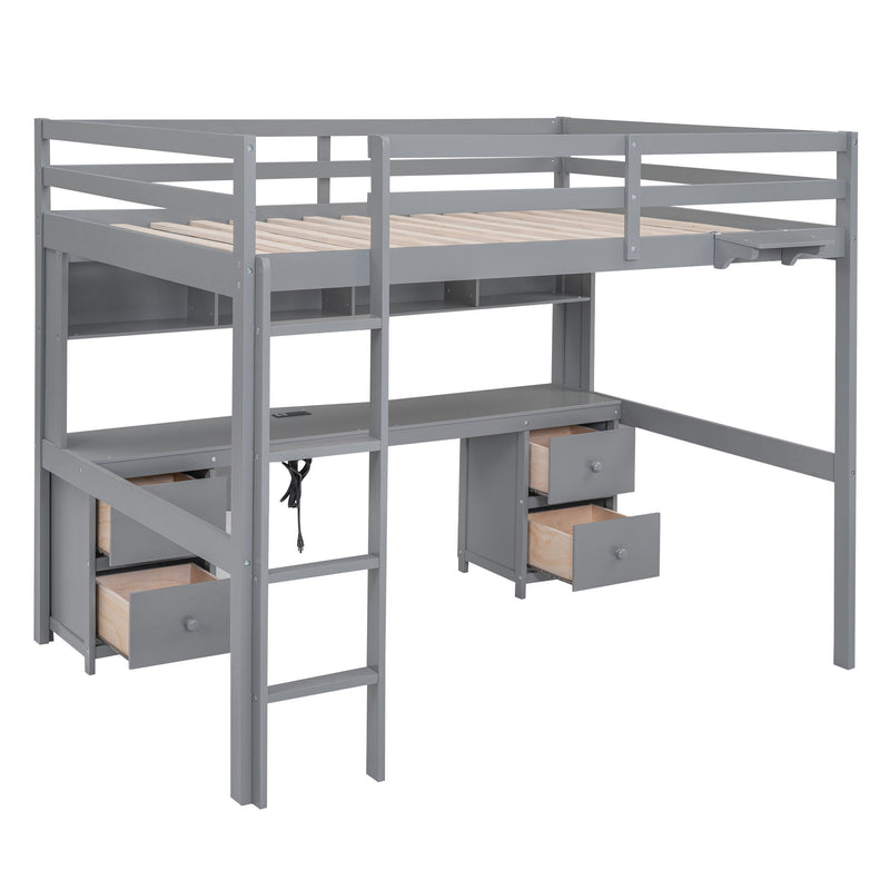 Loft Bed With Desk, Cabinets, Drawers, Charging Station And Bedside Tray