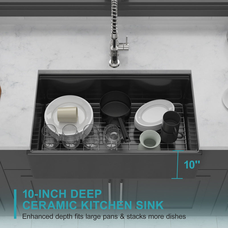 Porcelain Ceramic Farmhouse Sink Workstation With Reversible Apron Design - Single Bowl