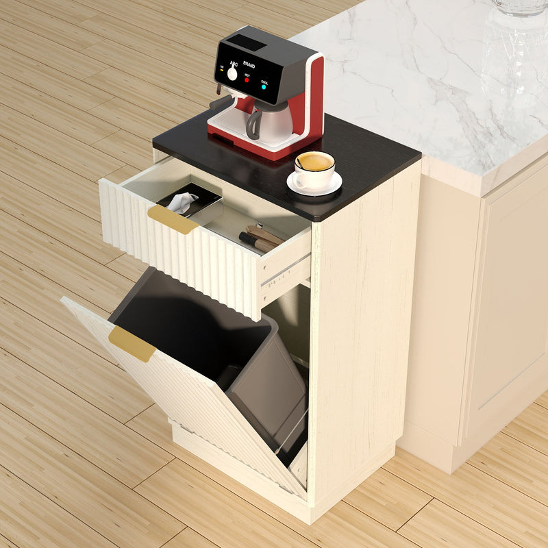 Tilt Out Trash Can Cabinet With Wave Textured Drawer & Pull Out Bin