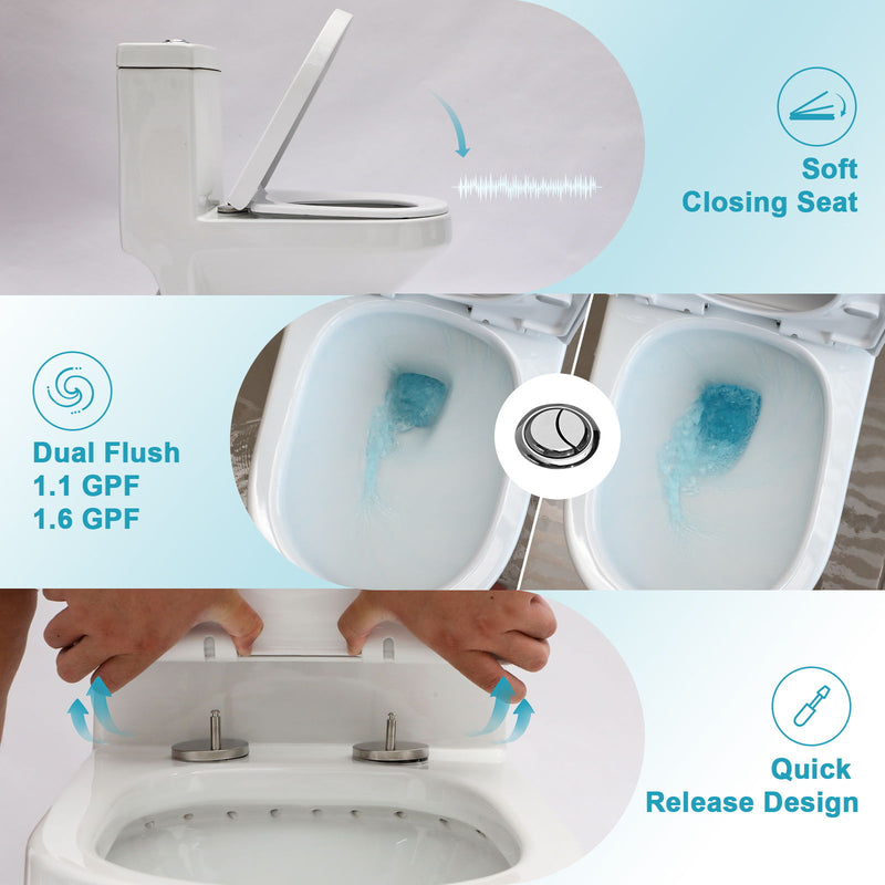 1 Piece Toilet For Bathroom, Dual Flush 1.1 / 1.6 Gpf, Soft Closing Seat - White
