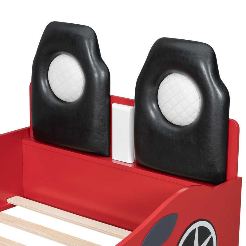 Race Car Shaped Platform Bed With LED And Upholstered Backrest In