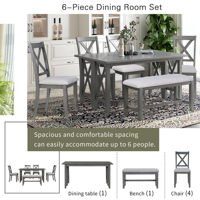 Foldable Dining Set For 6 With 4 Chairs And Bench, Space Saving Design - Gray