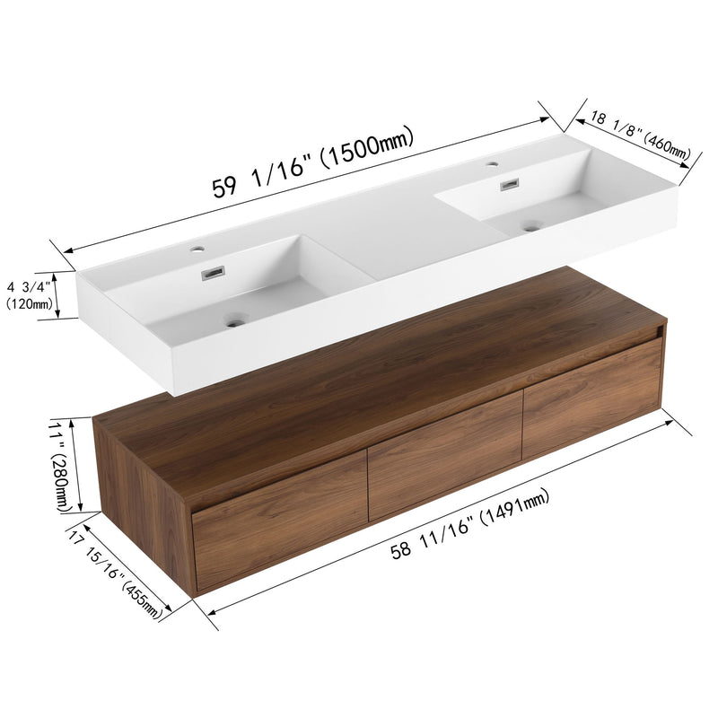 Contemporary Wall Mounted Bathroom Vanity With Dual Resin Sink And Soft Close Drawer