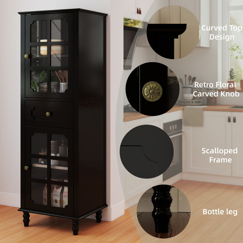 Storage Cabinet, Freestanding Curio Cabinet With Grid Doors & Drawer, Pantry Display Cabinet For Kitchen