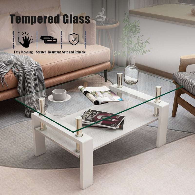 Modern Rectangular Coffee Table With Tempered Transparent Glass Top And Storage Shelf