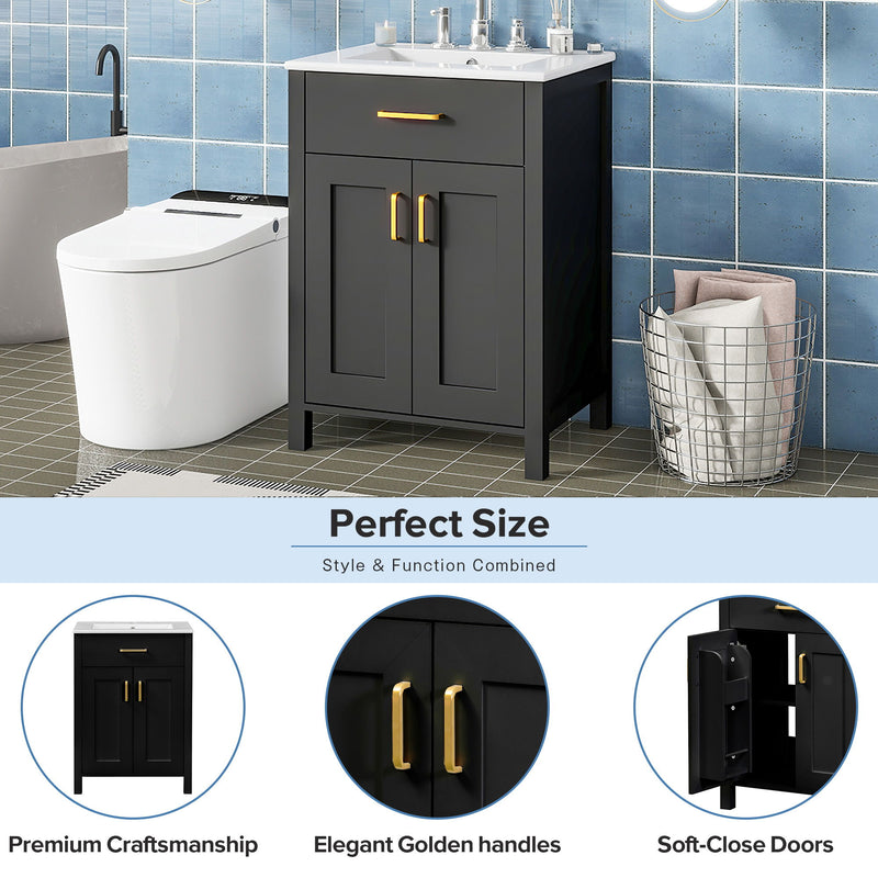 Modern Bathroom Vanity With Ceramic Sink, Soft-Close Doors, Flip Drawer, U-Shaped Shelves, Elegant Storage Solution