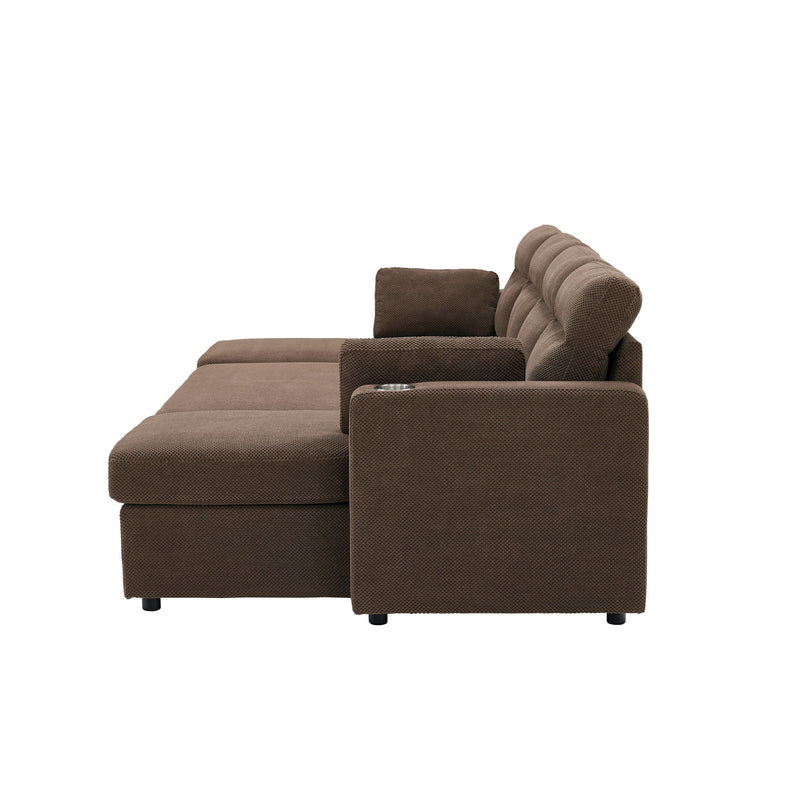 Convertible Sectional Sofa With Storage Chaise, Cup Holders And Pull Out Sleeper