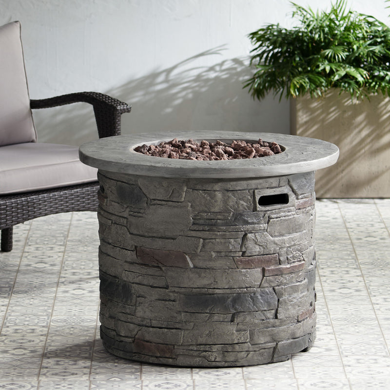 Transitional Outdoor 32" Round Propane Fire Pit Table, Lightweight Concrete Construction - Stone Gray