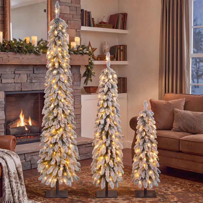 Slim Snow Flocked Pre Lit Pencil Christmas Tree, 3.9Ft / 5.9Ft / 7.9Ft With 750 Branch Tips, 480 LED Lights, Warm Glow, For Indoor Holiday Decor - White
